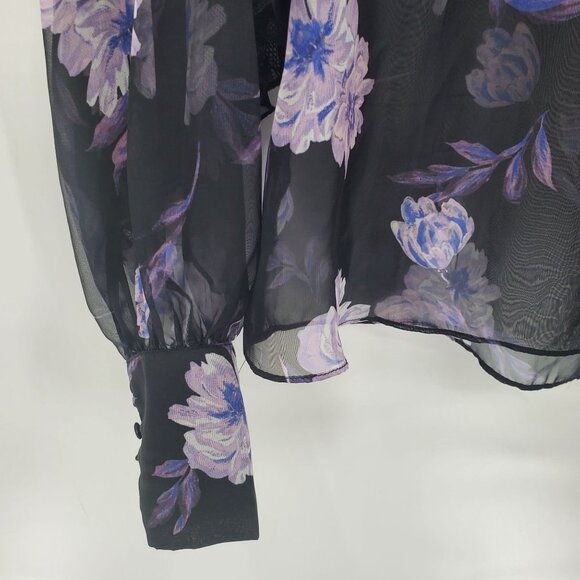 TOBI Womens Sheer Floral Ruffle Blouse Sz L Black Purple Long Sleeve Bohemian - Picture 3 of 12